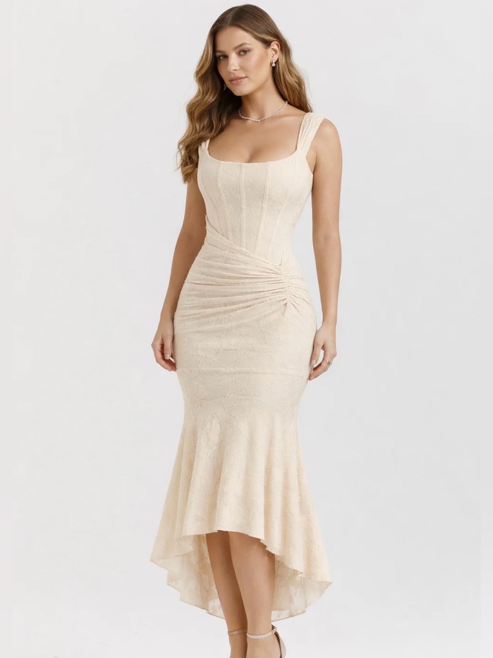 Lace Mermaid Romantic Sleeveless Dress Long With Rouched Back Tapered Train SZ S